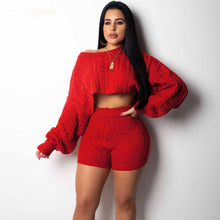 Load image into Gallery viewer, 2 Two Piece Set Women Clothes Outfits Long Sleeve Knit Sweater Tops+Bodycon Shorts Matching Sets
