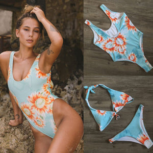 Women One Piece Swimwear Bathing Suit Sunflower Print Swimsuit Monokini Push Up Padded Bikini Bathing Beach Clothing