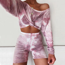 Load image into Gallery viewer, Summer Women Set Tie Dye Long Sleeve Loose Crop Top Shirt And Biker Shorts Casual Two Piece Sets Outfits
