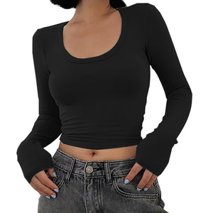 Long Sleeved T-Shirt Women's Short Round Neck T-Shirt Fashion Casual Top