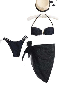 New Style High Waist Shoulders Spot Solid Color Black Bikini Set