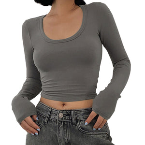 Long Sleeved T-Shirt Women's Short Round Neck T-Shirt Fashion Casual Top