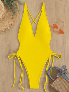 Solid Color Deep V Neck Bikini One Piece Sexy Swimsuit Ladies New High Waist Triangle Swimwear