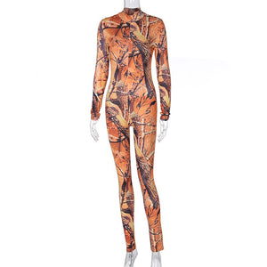 Long Sleeve Print Zip Up Skinny Bodycon Jumpsuit Women Fashion Sexy Streetwear Casual Romper