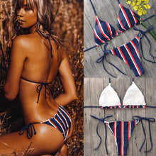 Load image into Gallery viewer, Women Push-up Low Waist Striped Bikini Set Padded Bandage Swimsuit Swimwear Beachwear
