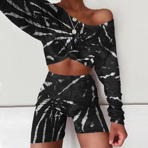 Summer Women Set Tie Dye Long Sleeve Loose Crop Top Shirt And Biker Shorts Casual Two Piece Sets Outfits