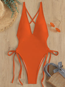 Solid Color Deep V Neck Bikini One Piece Sexy Swimsuit Ladies New High Waist Triangle Swimwear