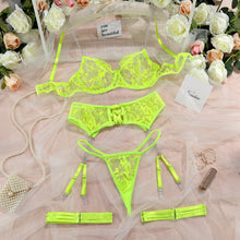 Load image into Gallery viewer, Mesh Embroidery Hanging Chain Garter Socks Hollow Cross Erotic Lingerie Four-Piece Set
