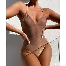 Load image into Gallery viewer, Shiny One Piece Swimsuit Women Swimwear Sexy V Neck High Cut Swimming Suit Female Monokini Bodysuit Beach Bathing Suit Swim
