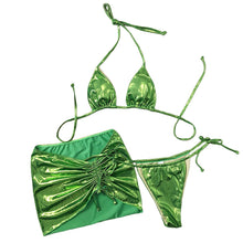 Load image into Gallery viewer, Bikinis Sets Green Sexy Slim Fit Shiny Three Piece Set Split Swimsuit Mini Skirt Cover Up Brazilian Bikini Female Pleated Swims
