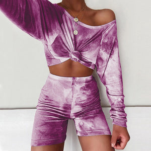 Summer Women Set Tie Dye Long Sleeve Loose Crop Top Shirt And Biker Shorts Casual Two Piece Sets Outfits