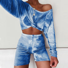 Load image into Gallery viewer, Summer Women Set Tie Dye Long Sleeve Loose Crop Top Shirt And Biker Shorts Casual Two Piece Sets Outfits
