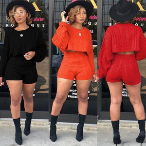 2 Two Piece Set Women Clothes Outfits Long Sleeve Knit Sweater Tops+Bodycon Shorts Matching Sets