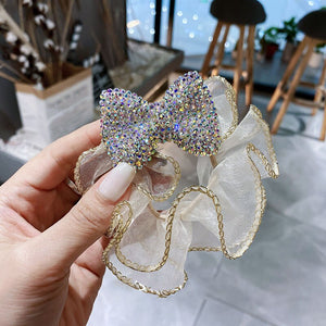 Elegant Large Bow Elastic Hair Bands Fabric Scrunchies Crystal Butterfly Girls Jewelry Rhinestone Headbands for Women Headpiece