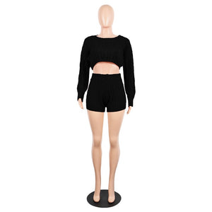 2 Two Piece Set Women Clothes Outfits Long Sleeve Knit Sweater Tops+Bodycon Shorts Matching Sets