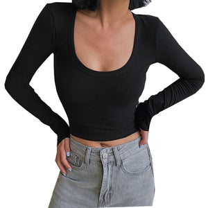 Long Sleeved T-Shirt Women's Short Round Neck T-Shirt Fashion Casual Top