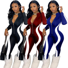 Load image into Gallery viewer, Printed Colorblock Stripes Casual Zip Ladies Jumpsuit
