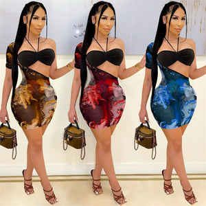 Off Shoulder Single Short Sleeve Print Pencil Dress Halter Lace-up Tank Tube Tops Women 2 Pieces Sets Club Streetwear