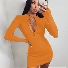 Load image into Gallery viewer, Mini Dress Collar Zipper Deep V-neck Solid Stretch Bodycon Pencil Party Casual Dress
