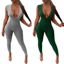 Load image into Gallery viewer, Deep V Neck Ribbed Long Jumpsuits Sleeveless Women Skinny Solid Bodycon Fashion Push Up One Piece Outfits
