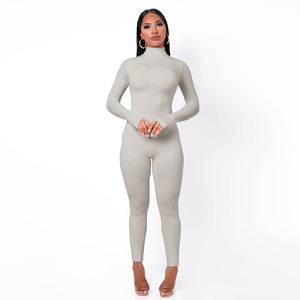 Long Sleeve Solid Turtleneck Skinny Bodycon Jumpsuit Women Fashion Streetwear Casual Romper