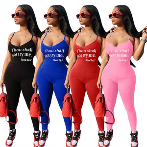 IslandGirl Thou Shall Not Try Me Letters Print Spaghetti Straps Cotton Jumpsuit Women Sexy Casual Romper