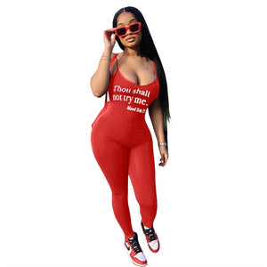 IslandGirl Thou Shall Not Try Me Letters Print Spaghetti Straps Cotton Jumpsuit Women Sexy Casual Romper