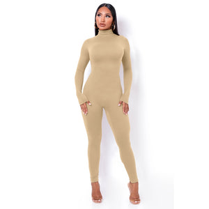 Long Sleeve Solid Turtleneck Skinny Bodycon Jumpsuit Women Fashion Streetwear Casual Romper