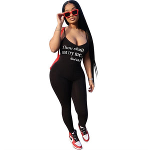 IslandGirl Thou Shall Not Try Me Letters Print Spaghetti Straps Cotton Jumpsuit Women Sexy Casual Romper