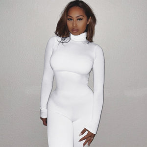 Long Sleeve Solid Turtleneck Skinny Bodycon Jumpsuit Women Fashion Streetwear Casual Romper