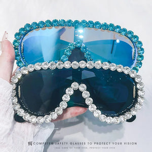 Luxury Oversized Mirror Coating Women Goggle Sunglasses Uv400 Large Frame Rhinestone Sunglasses Personality Hip Hop Sunglasses