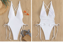 Load image into Gallery viewer, Solid Color Deep V Neck Bikini One Piece Sexy Swimsuit Ladies New High Waist Triangle Swimwear
