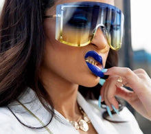 Load image into Gallery viewer, Oversized Women Blue Yellow Gradient Huge Sunglasses Curved Fashion Rimless Metal Shades Personality Massive Female Eyewear Prop
