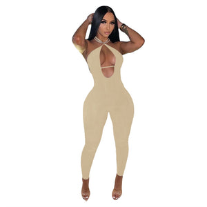 IslandGirl Dream Solid Lace Up Halter Jumpsuit Women Sexy Deep V Neck Backless Summer Tracksuit