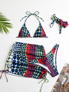 4 Pieces Dot Print Tie Side Halter Bikini Swimsuit & Beach Skirt Swimwear Women Bathing Swimming Suit Female