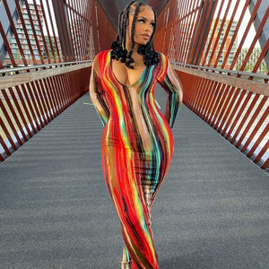 Fashion Long Sleeve Dress Women Tie Dye Print Maxi Dress Stripe Sexy V-Neck Bodycon Dresses