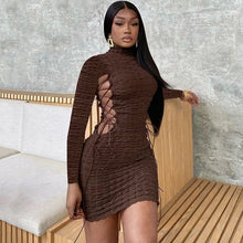 Load image into Gallery viewer, Solid Turtleneck Long Sleeves Hollow Out Bandage Sexy Bodycon Mini Dress Summer Clothes
