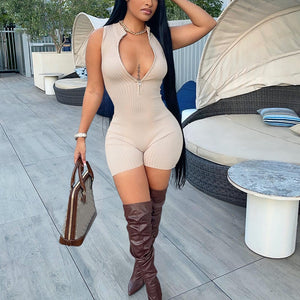 Sexy Front Zip Up Sleeveless Rompers Deep V-neck Playsuits Knitted Jumpsuits Women Biker Shorts