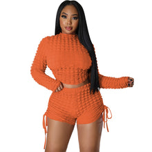 Load image into Gallery viewer, Puffy Popcorn 2 Piece Sets Women Outfits Lace Up Backless Long Sleeve Crop Top Drawstring Shorts Sexy Suit Tracksuits
