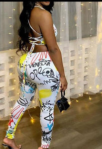 Women Jumpsuit Sleeveless Graffiti Print High Waist Bodysuit Women Back Lace Up Jumpsuits for Women Romper