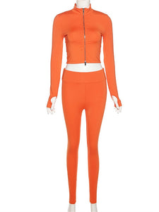 Solid Sporty Simple Two Piece Set Women Long Sleeve Zipper Top Track Suits Sets