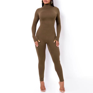 Long Sleeve Solid Turtleneck Skinny Bodycon Jumpsuit Women Fashion Streetwear Casual Romper