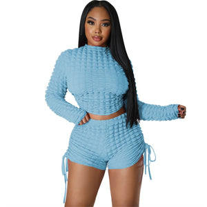 Puffy Popcorn 2 Piece Sets Women Outfits Lace Up Backless Long Sleeve Crop Top Drawstring Shorts Sexy Suit Tracksuits