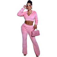 Load image into Gallery viewer, Velvet Two Piece Set Tracksuits Women Zipper Long Sleeve Hooded Jacket Crop Top Split Flare Pants Jogging Suits
