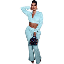 Load image into Gallery viewer, Velvet Two Piece Set Tracksuits Women Zipper Long Sleeve Hooded Jacket Crop Top Split Flare Pants Jogging Suits
