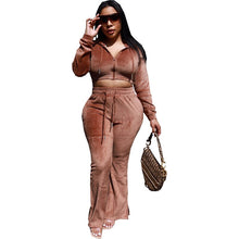 Load image into Gallery viewer, Velvet Two Piece Set Tracksuits Women Zipper Long Sleeve Hooded Jacket Crop Top Split Flare Pants Jogging Suits
