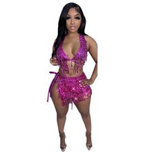 Load image into Gallery viewer, Summer Tassel Sequin 3 Piece Bikini Set Swimsuit Woman Bra Top + Thong + Wrap Skirts Sexy Swimwear Beach Outfits
