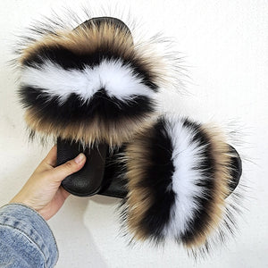 Fur Slippers For Women Fluffy Fuzzy Flat Slides Fashion Sandals Flip Flops