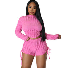 Load image into Gallery viewer, Puffy Popcorn 2 Piece Sets Women Outfits Lace Up Backless Long Sleeve Crop Top Drawstring Shorts Sexy Suit Tracksuits
