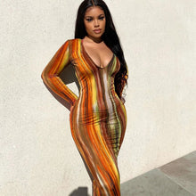 Load image into Gallery viewer, Fashion Long Sleeve Dress Women Tie Dye Print Maxi Dress Stripe Sexy V-Neck Bodycon Dresses
